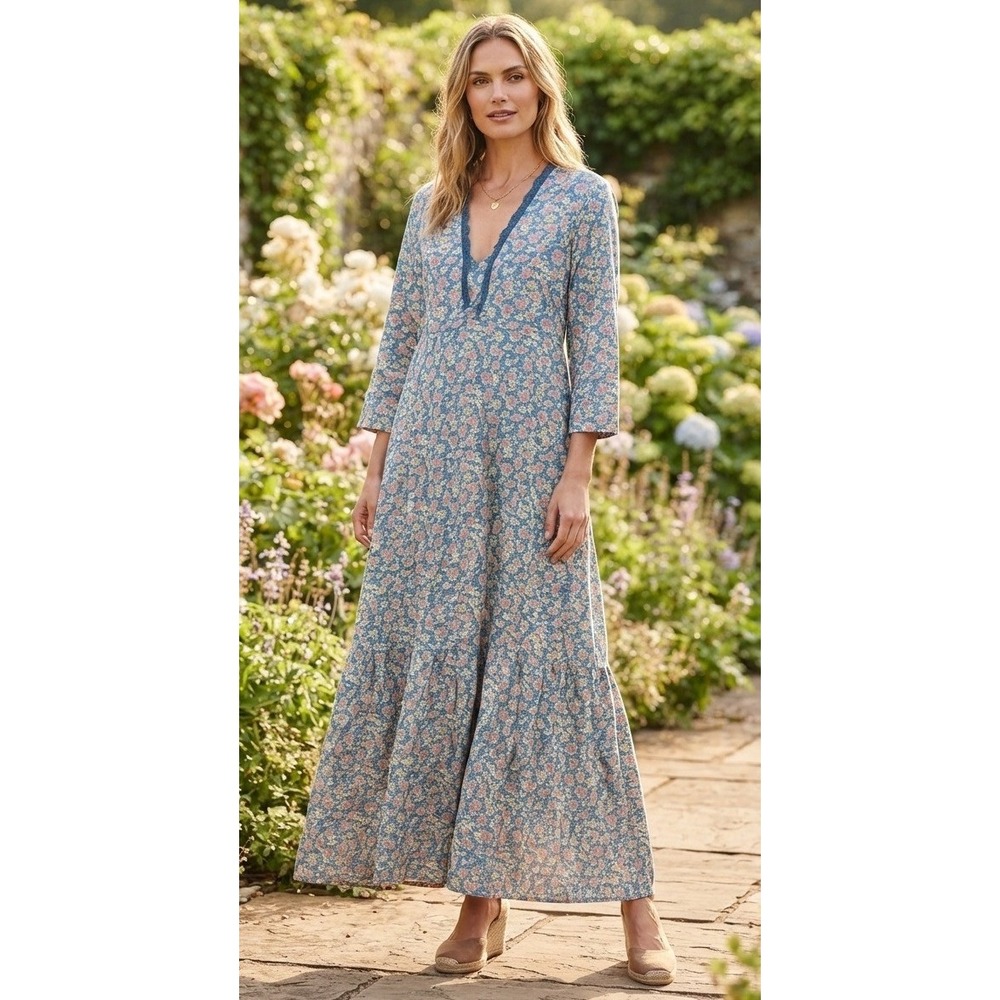 VTG April Cornell Floral 3/4 Sleeve Maxi Dress Lace Trim XS Blue Rayon Cottage